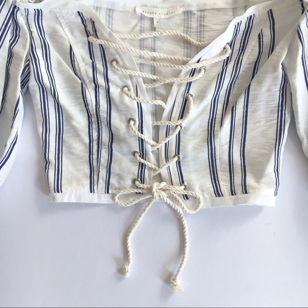 Sweetheart Stripe Lace Up Boho Puffy Sleeve Top - Picture 2 of 9